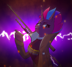 Size: 5200x4800 | Tagged: safe, artist:kainy, derpibooru import, oc, oc:cmdrtempest, pony, unicorn, bullet, clothes, coat, counter-strike: global offensive, doctor "romanov", female, lightning, looking at you, mare, scar, shadow, simple background, weapon