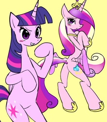 Size: 808x915 | Tagged: safe, artist:ponysprinkles, derpibooru import, princess cadance, twilight sparkle, twilight sparkle (alicorn), alicorn, pony, bipedal, butt, duo, duo female, female, horn, jewelry, mare, plot, regalia, simple background, sisters-in-law, wings, yellow background