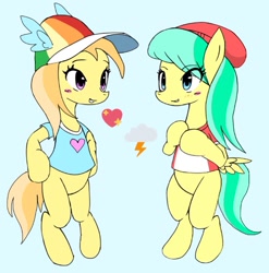 Size: 1011x1023 | Tagged: safe, artist:ponysprinkles, derpibooru import, barley barrel, noi, earth pony, pegasus, pony, beanie, bipedal, blue background, cap, clothes, duo, duo female, eye clipping through hair, female, filly, foal, hat, heart, simple background, wings