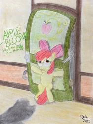 Size: 3024x4032 | Tagged: safe, artist:opti, artist:pianoflagerag, derpibooru import, apple bloom, applejack, earth pony, elephant, pony, atg 2022, bipedal, door, female, filly, foal, hiding, mare, newbie artist training grounds, offscreen character, shadow, siblings, sisters, text, traditional art