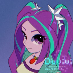 Size: 2000x2000 | Tagged: safe, artist:duvivi, derpibooru import, aria blaze, equestria girls, blue background, bust, clothes, eye clipping through hair, eyebrows, eyebrows visible through hair, female, gem, high res, jewelry, looking at you, looking up, looking up at you, necklace, signature, simple background, siren gem, smiling, smiling at you, solo