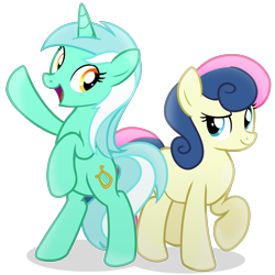 Size: 2000x2000 | Tagged: safe, artist:candy meow, derpibooru import, bon bon, lyra heartstrings, sweetie drops, earth pony, pony, unicorn, atg 2022, bipedal, duo, female, high res, looking at each other, looking at someone, mare, newbie artist training grounds, raised hoof, raised leg, standing