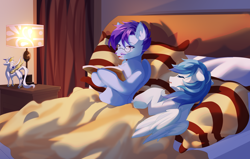 Size: 4536x2889 | Tagged: safe, artist:alus, derpibooru import, oc, oc only, oc:dr.lancet dois, oc:dr.picsell dois, pegasus, bed, father and child, father and son, male, parent and child, reading, sleeping