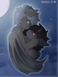 Size: 1501x1996 | Tagged: safe, artist:number_79, derpibooru import, oc, oc only, oc:batty, oc:kate becker, bat pony, pony, unicorn, ear fluff, ears, female, hug