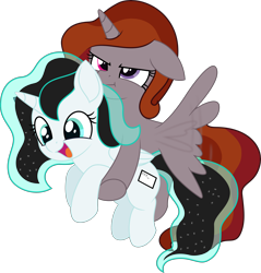 Size: 3956x4145 | Tagged: safe, artist:pencil_draw_indo, derpibooru import, edit, editor:fauli1221, oc, oc only, oc:funny jo, oc:light jet, alicorn, pony, .svg available, :d, :t, absurd resolution, alicorn oc, base used, cutie mark, duo, duo female, female, female oc, filly, flying, foal, folded wings, heterochromia, holding a pony, horn, open mouth, open smile, recolor, simple background, smiling, svg, transparent background, unamused, vector, wings, younger