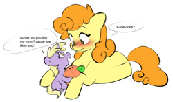 Size: 1280x759 | Tagged: safe, artist:chub-wub, derpibooru import, carrot top, dinky hooves, golden harvest, earth pony, pony, unicorn, blank flank, blushing, carrot, cute, duo, female, filly, flustered, foal, food, implied derpy, implied derpytop, implied lesbian, implied shipping, lying down, mare, plushie, prone, simple background, sitting, white background
