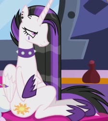 Size: 1376x1536 | Tagged: safe, derpibooru import, screencap, princess celestia, alicorn, pony, between dark and dawn, season 9, spoiler:s09, annoyed, celestia is not amused, collar, crossed arms, cutie mark, dyed mane, emo, female, folded wings, frown, goth, hoof shoes, makeup, mare, punklestia, sitting, solo, spiked collar, unamused, wings