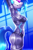 Size: 1000x1500 | Tagged: safe, alternate version, artist:shad0w-galaxy, derpibooru import, dj pon-3, vinyl scratch, anthro, unicorn, bodysuit, clothes, cyberpunk, female, grin, headphones, headset, mare, microphone, profile, sexy, side view, simple background, skintight clothes, smiling, solo, stretching, sultry pose, vinyl's glasses, watermark