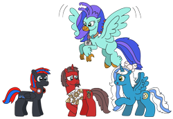 Size: 3264x2256 | Tagged: safe, artist:supahdonarudo, derpibooru import, oc, oc only, oc:fleurbelle, oc:ironyoshi, oc:sea lilly, oc:smooth walker, alicorn, classical hippogriff, hippogriff, pegasus, unicorn, bow, camera, clothes, flying, headphones, jewelry, looking at each other, looking at someone, necklace, newbie artist training grounds, raised hoof, raised leg, shirt, simple background, transparent background, worried