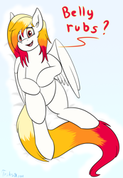 Size: 1380x2000 | Tagged: safe, artist:triksa, derpibooru import, oc, pegasus, bellyrubs, looking at you, lying down, on back, pegasus oc, simple background