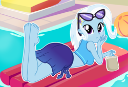 Size: 1920x1303 | Tagged: safe, artist:charliexe, trixie, equestria girls, equestria girls series, forgotten friendship, ball, bare shoulders, barefoot, beach, beach ball, bikini, clothes, cute, feet, female, floaty, food, looking at you, skirt, sleeveless, solo, summer sunset, swimming pool, swimsuit, the pose, water