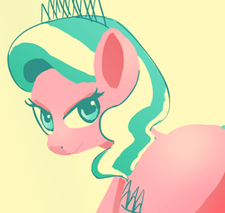 Size: 1200x1137 | Tagged: safe, artist:onomec, derpibooru import, diamond tiara, earth pony, pony, female, limited palette, looking at you, looking back, looking back at you, simple background, solo