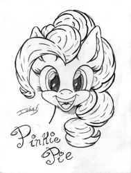 Size: 3361x4453 | Tagged: safe, artist:memprices, derpibooru import, pinkie pie, earth pony, pony, black and white, bust, ear fluff, ears, grayscale, high res, looking at you, monochrome, open mouth, open smile, pencil drawing, portrait, simple background, smiling, traditional art, uvula, white background