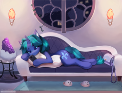 Size: 2400x1832 | Tagged: safe, artist:twinkling, derpibooru import, oc, oc only, oc:arclight, pony, unicorn, bag, cellphone, clothes, ear fluff, ears, female, horn, lidded eyes, lying down, mare, phone, pillow, slippers, smartphone, sofa, solo, unicorn oc