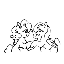 Size: 768x768 | Tagged: safe, artist:aj2020ahgd, derpibooru import, edit, fluttershy, pinkie pie, earth pony, pegasus, pony, black and white, duo, duo female, female, flutterpie, folded wings, grayscale, lesbian, looking at each other, looking at someone, mare, monochrome, shipping, simple background, white background, wings