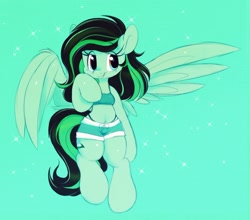 Size: 1238x1087 | Tagged: safe, artist:tamabel, artist:tamabel6, derpibooru import, oc, oc only, oc:eden shallowleaf, anthro, pegasus, pony, arm hooves, belly button, bra, bra on pony, breasts, cleavage, clothes, flying, one wing out, panties, pegasus oc, shorts, sports bra, spread wings, underwear, wings