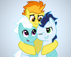 Size: 2000x1600 | Tagged: safe, artist:harleneap, derpibooru import, fleetfoot, soarin', spitfire, pegasus, pony, female, group, group hug, hug, male, mare, stallion, wonderbolts