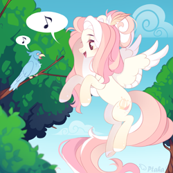 Size: 2625x2625 | Tagged: safe, artist:ptaha, derpibooru import, oc, oc only, oc:featherlight serenade, bird, pegasus, pony, blushing, cute, feather in hair, female, flying, hair bun, long mane, mare, not fluttershy, outdoors, pegasus oc, singing, solo, spread wings, wings