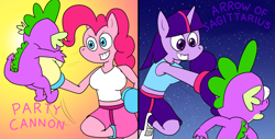 Size: 1920x976 | Tagged: safe, artist:toonboy1029, derpibooru import, pinkie pie, spike, twilight sparkle, anthro, dragon, earth pony, unicorn, abuse, boxing, boxing gloves, spikeabuse, sports