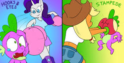 Size: 315x160 | Tagged: safe, artist:toonboy1029, derpibooru import, applejack, rarity, spike, anthro, dragon, earth pony, unicorn, abuse, ass, boxing, boxing gloves, butt, female, male, spikeabuse, sports