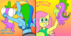 Size: 1280x651 | Tagged: safe, artist:toonboy1029, derpibooru import, fluttershy, rainbow dash, spike, anthro, dragon, pegasus, abuse, boxing, boxing gloves, female, male, spikeabuse, sports