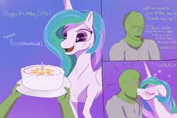 Size: 3000x2000 | Tagged: safe, artist:enonnnymous, derpibooru import, princess celestia, oc, oc:anon, alicorn, human, pony, /sun/, birthday, blushing, cake, cakelestia, canon x oc, clothes, comic, cute, cutelestia, dialogue, female, food, heart, heart eyes, human and pony, kissing, male, mare, wingding eyes