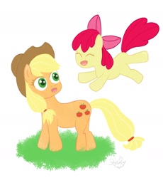 Size: 1613x1752 | Tagged: safe, artist:kwaiikay, derpibooru import, apple bloom, applejack, earth pony, pony, atg 2022, eyes closed, female, filly, foal, happy, jumping, mare, newbie artist training grounds, siblings, simple background, sisters, white background