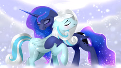 Size: 1920x1080 | Tagged: safe, artist:darksly, derpibooru import, princess luna, oc, oc:snowdrop, alicorn, pegasus, pony, blushing, crying, duo, duo female, ears, ethereal mane, eyes closed, eyeshadow, female, floppy ears, folded wings, hug, makeup, mare, smiling, starry mane, wings