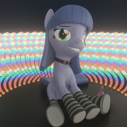 Size: 2160x2160 | Tagged: safe, artist:the luna fan, derpibooru import, oc, oc only, oc:cosmia nebula, earth pony, 3d, blender, blender eevee, choker, clothes, earth pony oc, high, high res, psychedelic, rainbow eyes, sitting, smiling, socks, stoned, striped socks