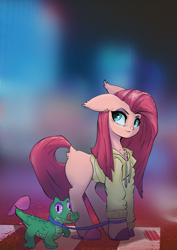 Size: 2480x3508 | Tagged: safe, artist:i love hurt, derpibooru import, gummy, pinkie pie, blue eyes, clothes, female, hoodie, mare, night, pink hair, pinkamena diane pie, simple background, slippers, soft shading