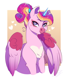 Size: 1700x1956 | Tagged: safe, artist:theartfox2468, derpibooru import, princess cadance, alicorn, pony, coat markings, crystal horn, facial markings, female, floating heart, heart, heart eyes, horn, looking at you, mare, ponytail, smiling, smiling at you, snip (coat marking), solo, story included, teen princess cadance, tl;dr, wingding eyes