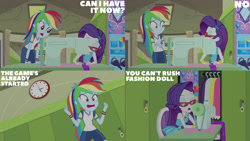 Size: 1280x720 | Tagged: safe, derpibooru import, edit, edited screencap, editor:quoterific, screencap, rainbow dash, rarity, equestria girls, equestria girls series, sock it to me, sock it to me: rarity, spoiler:eqg series (season 2), bracelet, canterlot high, duo, duo female, eyes closed, female, geode of shielding, glasses, hairpin, hallway, jewelry, lockers, magical geodes, open mouth, rarity peplum dress, rarity's glasses, text
