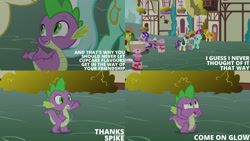 Size: 1280x720 | Tagged: safe, derpibooru import, edit, edited screencap, editor:quoterific, screencap, berry punch, berryshine, bon bon, carrot top, golden harvest, lyra heartstrings, spike, starlight glimmer, sweetie drops, thorax, changedling, changeling, dragon, earth pony, pony, unicorn, season 7, triple threat, female, king thorax, male, mare, open mouth, open smile, smiling, text