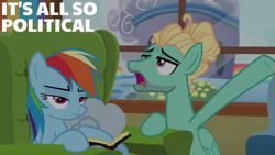 Size: 1280x720 | Tagged: safe, derpibooru import, edit, edited screencap, editor:quoterific, screencap, rainbow dash, zephyr breeze, pegasus, pony, flutter brutter, season 6, book, duo, female, male, mare, open mouth, rainbow dash is not amused, stallion, text, unamused