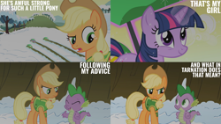 Size: 1280x720 | Tagged: safe, derpibooru import, edit, edited screencap, editor:quoterific, screencap, applejack, spike, twilight sparkle, unicorn twilight, dragon, earth pony, pony, unicorn, season 1, winter wrap up, applejack's hat, clothes, cowboy hat, eyes closed, female, hat, magic, male, mare, open mouth, open smile, smiling, snow, telekinesis, text