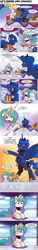 Size: 1200x7952 | Tagged: safe, artist:saturdaymorningproj, derpibooru import, princess celestia, princess luna, alicorn, pony, comic:let's fighting love, banana, celestia is not amused, comic, dialogue, food, fork, harem, hoof shoes, horn, implied polyamory, knife, magic, pancakes, pineapple, speech bubble, strawberry, telekinesis, unamused