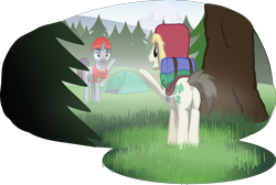 Size: 2106x1415 | Tagged: safe, artist:equestriaexploration, derpibooru import, lucky breaks, pony, unicorn, atg 2022, butt, forest, grass, hat, newbie artist training grounds, plot, simple background, starry skies, tent, transparent background, tree