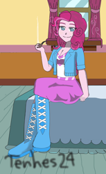 Size: 1100x1800 | Tagged: safe, artist:tenhes24, derpibooru import, pinkie pie, equestria girls, bed, boots, clothes, crossed legs, high heel boots, indoors, on bed, pipe, shoes, sitting, sitting on bed, smoking, solo, wind