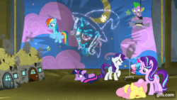 Size: 640x360 | Tagged: safe, derpibooru import, screencap, applejack, fluttershy, rainbow dash, rarity, spike, starlight glimmer, trixie, twilight sparkle, twilight sparkle (alicorn), alicorn, dragon, earth pony, pegasus, pony, unicorn, horse play, season 8, spoiler:s08, animated, applejack's hat, bucket, cape, clothes, cowboy hat, crying, female, flying, gif, gifs.com, hat, horn, male, mare, mouth hold, open mouth, open smile, smiling, smoke, smoking horn, spread wings, trixie's cape, trixie's hat, water, wings