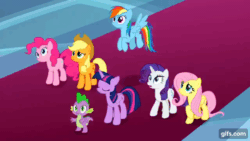 Size: 640x360 | Tagged: safe, derpibooru import, screencap, applejack, fluttershy, pinkie pie, rainbow dash, rarity, spike, twilight sparkle, twilight sparkle (alicorn), alicorn, dragon, earth pony, pegasus, pony, unicorn, season 9, the beginning of the end, spoiler:s09, animated, applejack's hat, clothes, cowboy hat, ears, female, floppy ears, flying, gif, gifs.com, hat, male, mane seven, mane six, mare, open mouth, shocked, spread wings, winged spike, wings