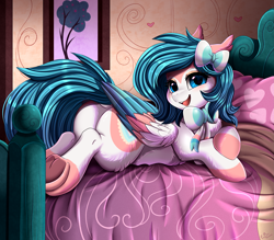 Size: 3469x3041 | Tagged: safe, artist:pridark, derpibooru import, oc, oc only, oc:fairy wind, pegasus, pony, bed, bow, bowtie, butt, female, frog (hoof), hair bow, lying down, pillow, prone, solo, solo female, underhoof, wings