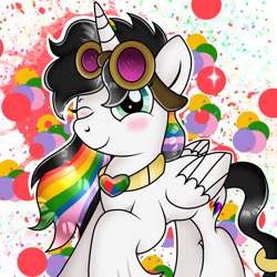 Size: 1024x1024 | Tagged: safe, artist:doraeartdreams-aspy, derpibooru import, oc, oc:lightning bliss, abstract background, aviator goggles, cute, goggles, jewelry, lightning bliss's magic lessons, lightning bliss's magic lessons:the magic satchel, necklace, ocbetes, ring, tail, tail ring