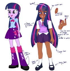 Size: 3239x3265 | Tagged: safe, artist:diameltzowo, derpibooru import, twilight sparkle, equestria girls, clothes, dark skin, ear piercing, earring, female, headband, human coloration, jewelry, mary janes, necktie, painted nails, piercing, redesign, shoes, simple background, skirt, socks, solo, solo female, sweater vest, white background