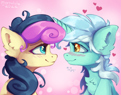 Size: 2000x1571 | Tagged: safe, artist:mochalula, derpibooru import, bon bon, lyra heartstrings, sweetie drops, earth pony, pony, unicorn, blushing, cute, duo, duo female, female, happy, heart, lesbian, looking into each others eyes, lyrabon, mare, shipping, simple background