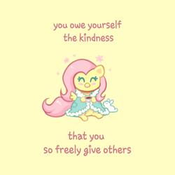 Size: 4000x4000 | Tagged: safe, artist:confetticakez, derpibooru import, fluttershy, pegasus, pony, bathrobe, blushing, clothes, cup, cute, dressing gown, eyes closed, female, food, mare, motivational, positive message, positive ponies, robe, shyabetes, simple background, solo, tea, yellow background