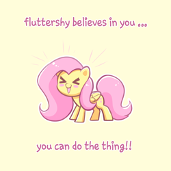 Size: 4000x4000 | Tagged: safe, artist:confetticakez, derpibooru import, fluttershy, pegasus, pony, blushing, cheering, cute, eyes closed, female, mare, motivational, open mouth, positive message, positive ponies, shyabetes, simple background, solo, yellow background