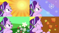 Size: 2560x1440 | Tagged: safe, derpibooru import, edit, edited screencap, screencap, starlight glimmer, pony, unicorn, road to friendship, season 8, autumn, cute, female, glimmerbetes, mare, seasons, solo, spring, starlight wallpaper, summer, swinging, we're friendship bound, winter