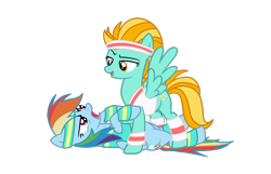 Size: 2732x1755 | Tagged: safe, artist:xcosmicghostx, derpibooru import, lightning dust, rainbow dash, pegasus, pony, bedroom eyes, clothes, duo, female, headband, lesbian, lying down, mare, on back, open mouth, pinned down, rainbowdust, shipping, simple background, sweatband, tanktop, transparent background