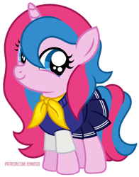 Size: 700x894 | Tagged: safe, artist:jennieoo, derpibooru import, oc, pony, unicorn, clothes, cute, female, filly, foal, happy, looking at you, ribbon, school uniform, simple background, skirt, smiling, smiling at you, solo, transparent background, vector
