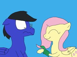 Size: 2000x1500 | Tagged: safe, artist:blazewing, derpibooru import, fluttershy, oc, oc:blazewing, pegasus, snake, atg 2022, blue background, colored background, drawpile, eyes closed, female, glasses, male, mare, newbie artist training grounds, ophidiophobia, scared, simple background, smiling, stallion, wide eyes